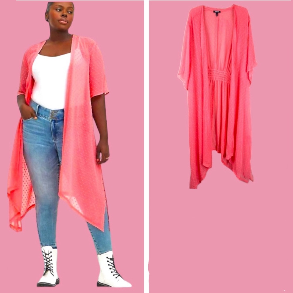 Torrid Kimono 2X Duster Top Pink/Coral Open Front Chiffon Sheer Plus Size